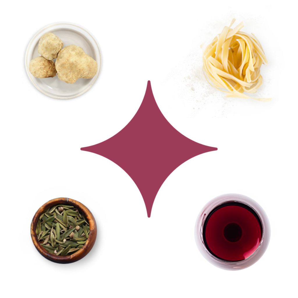 Tartufo, tagliatelle, erbe aromatiche e un calice di vino rosso attorno al simbolo del ristorante